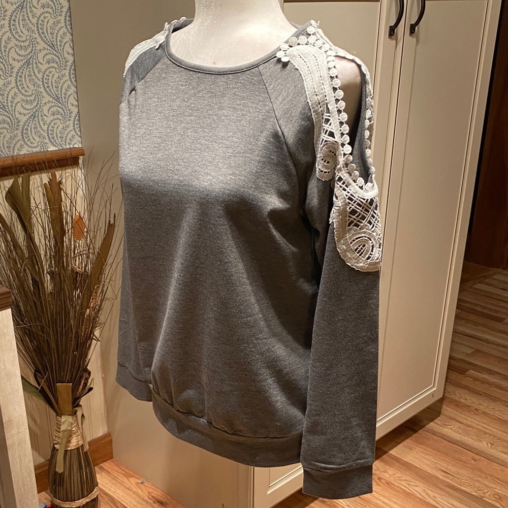 Gray Cold Shoulder sweatshirt with Lace Detail